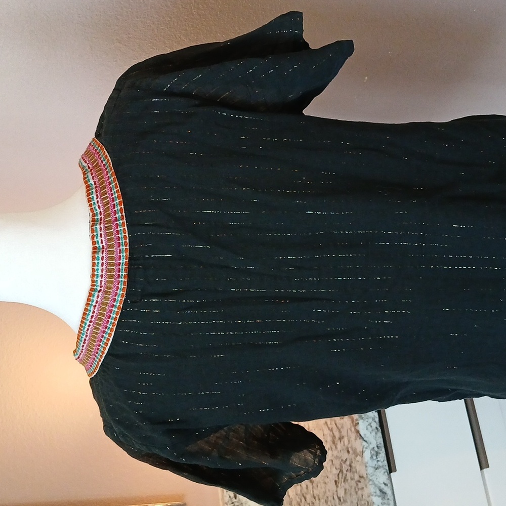 THML Boho Cotton Black Shirt Size L Metallic Embroidered Stripe Detail - Picture 6 of 10